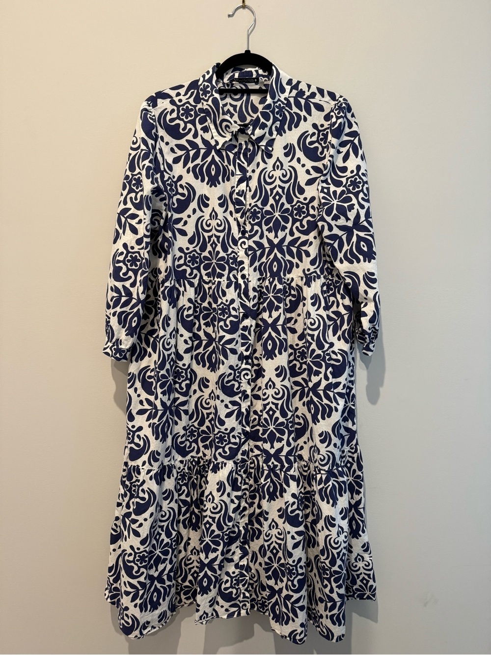 Zara White and Navy Printed Maxi Dress, XXL